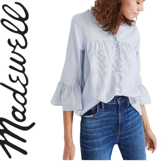 Madewell Tops - MADEWELL Veranda Bell Sleeve Shirt, Blue Stripes,  V- Neck, button closu…